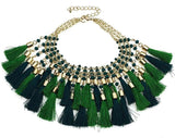 Green Fringe and Gold Bib Necklace