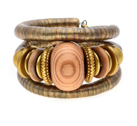 Bronze Wood Stone Bangle Bracelet