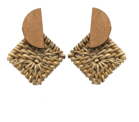 Straw and Wooden Fashion Statement Earrings